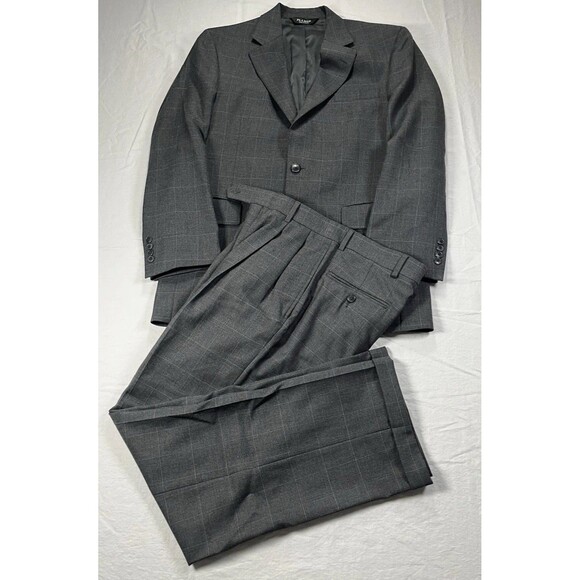 Jos A Bank Suit Mens 37 RG Gray Windowpane 2 Button Wool Blazer 30 RG Pants